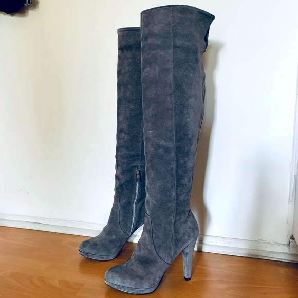MK Tall Grey Suede Heeled Boots - Picture 1 of 11